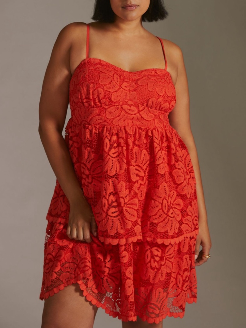 Red Lace Tiered Spaghetti-Strap Mini Dress